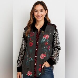▪️John Mark Bohemian Embroidered Blouse Mix Print Button Up Tunic Top 2X